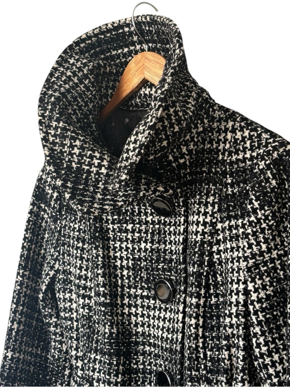 Soia & Kyo Wool Blend Tweed Belted Trench Coat - Black & White Houndstooth Small - Picture 10 of 12
